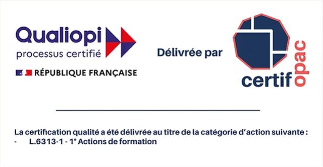 Marque Qualiopi — La certification qualité a été délivrée au titre de la catégorie d'actions : L.6313-1 – 1° Actions de formation. Délivrée par Certifopac.