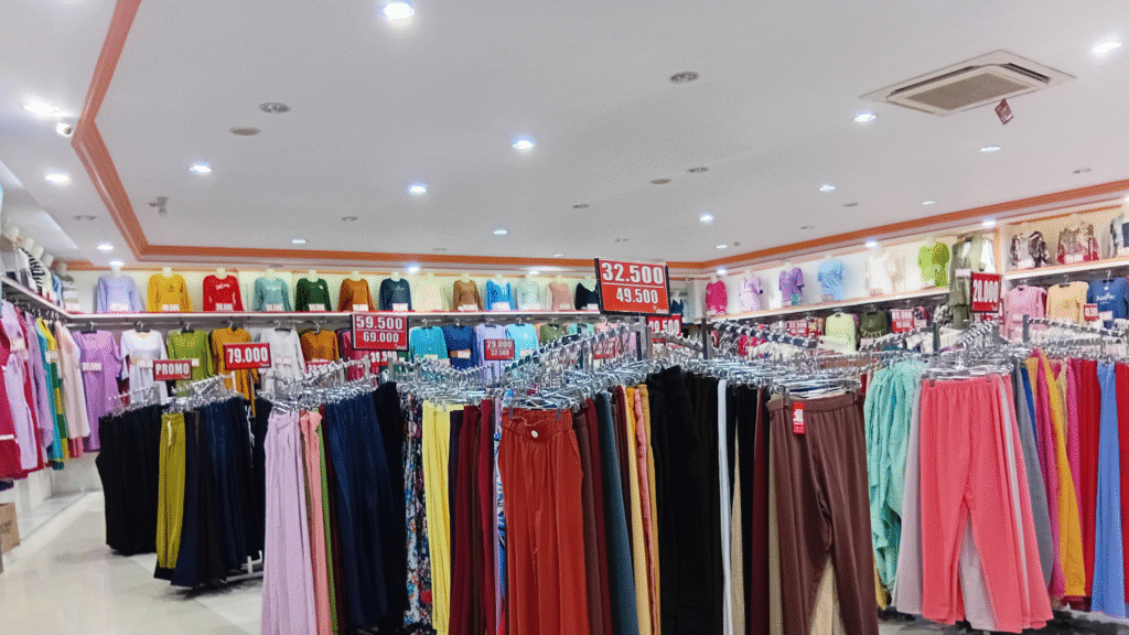 Rayons de vêtements colorés dans un magasin de prêt-à-porter avec étiquettes de prix et promotions