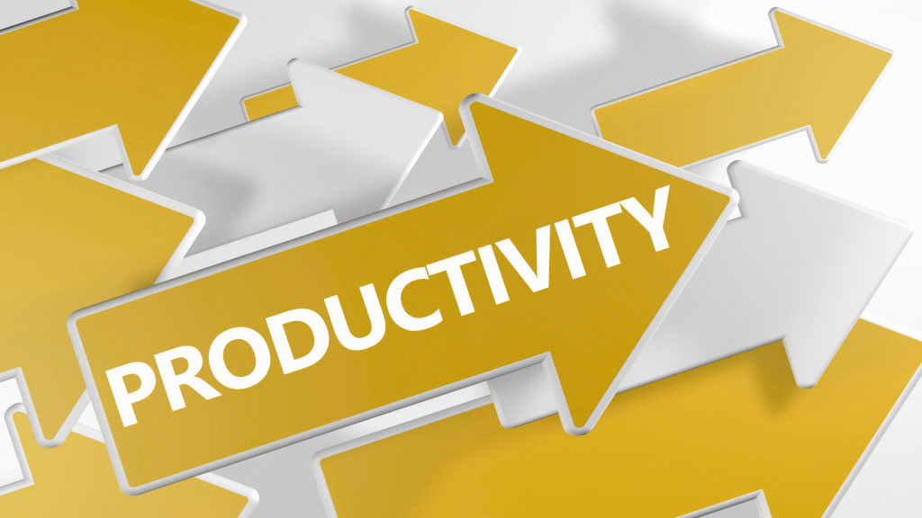 Flèche jaune avec le mot Productivity, symbolisant la performance et l’efficacité en magasin retail.